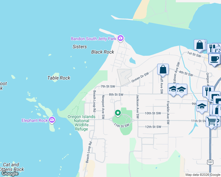 map of restaurants, bars, coffee shops, grocery stores, and more near 1225 7th Street Southwest in Bandon