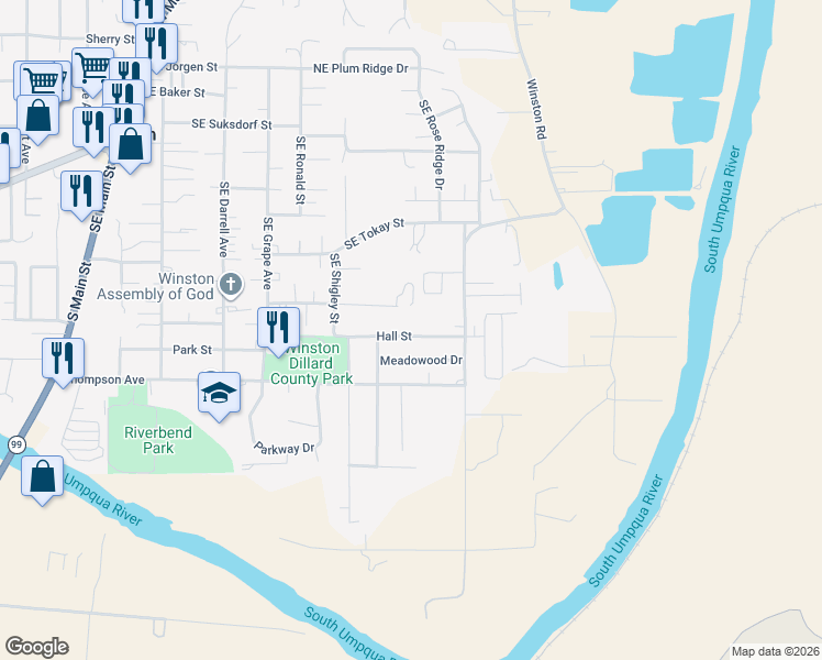 map of restaurants, bars, coffee shops, grocery stores, and more near 692 Southeast Carroll Street in Winston