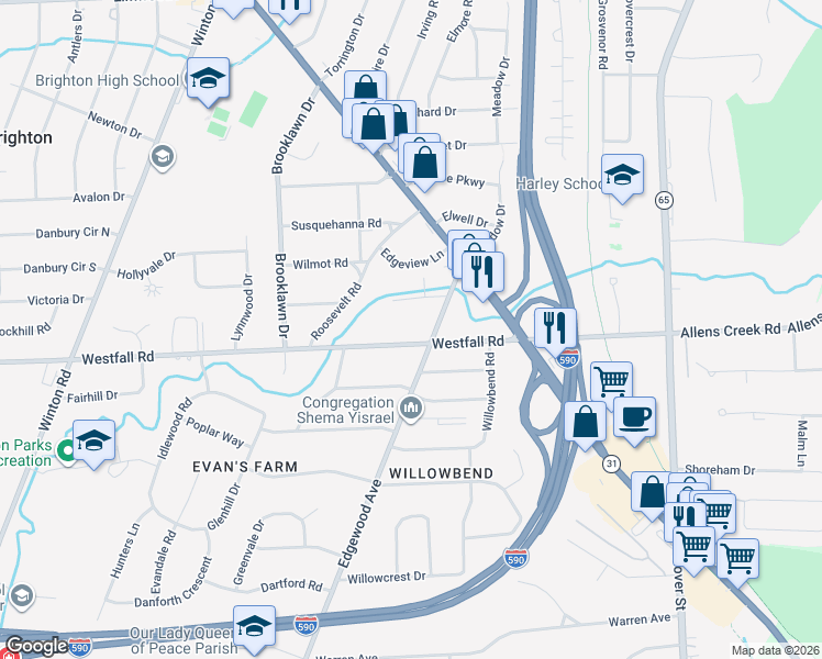 map of restaurants, bars, coffee shops, grocery stores, and more near 45 Stonybrook Drive in Rochester