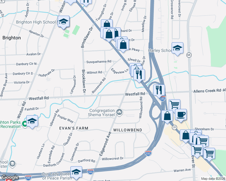 map of restaurants, bars, coffee shops, grocery stores, and more near 105 Stonybrook Drive in Rochester