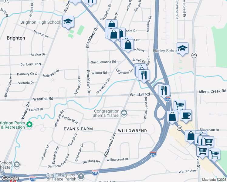 map of restaurants, bars, coffee shops, grocery stores, and more near 105 Stonybrook Drive in Rochester