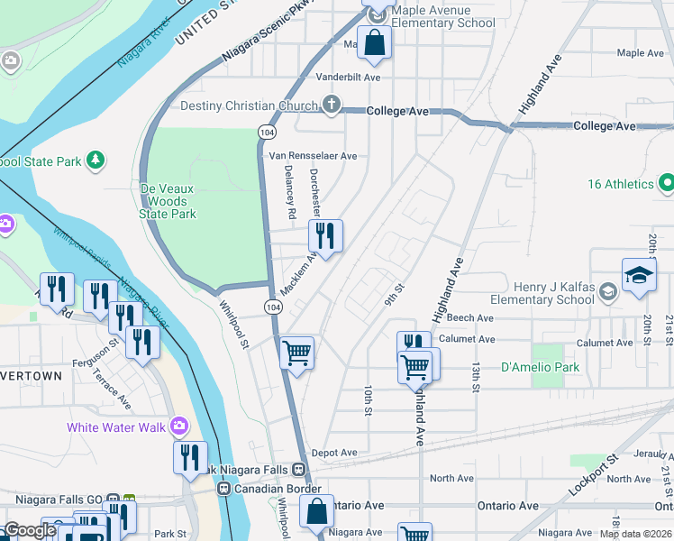 map of restaurants, bars, coffee shops, grocery stores, and more near 2926 McKoon Avenue in Niagara Falls
