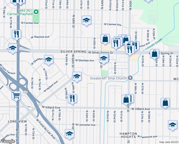 map of restaurants, bars, coffee shops, grocery stores, and more near 6500 West Birch Avenue in Milwaukee