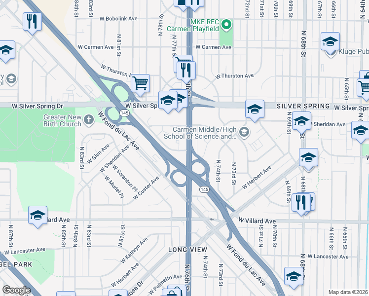 map of restaurants, bars, coffee shops, grocery stores, and more near 5463 North 76th Street in Milwaukee