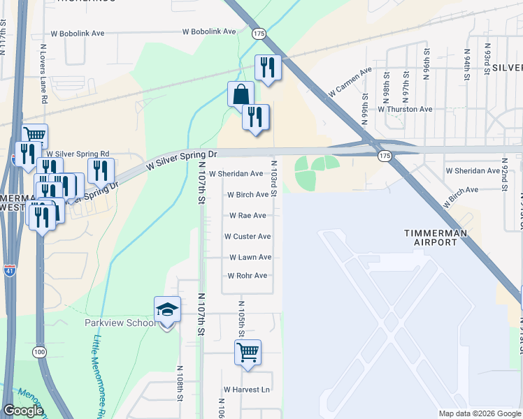 map of restaurants, bars, coffee shops, grocery stores, and more near 10412 West Birch Avenue in Milwaukee