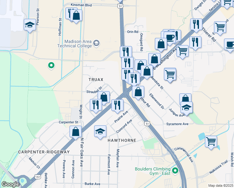 map of restaurants, bars, coffee shops, grocery stores, and more near 1506 North Stoughton Road in Madison