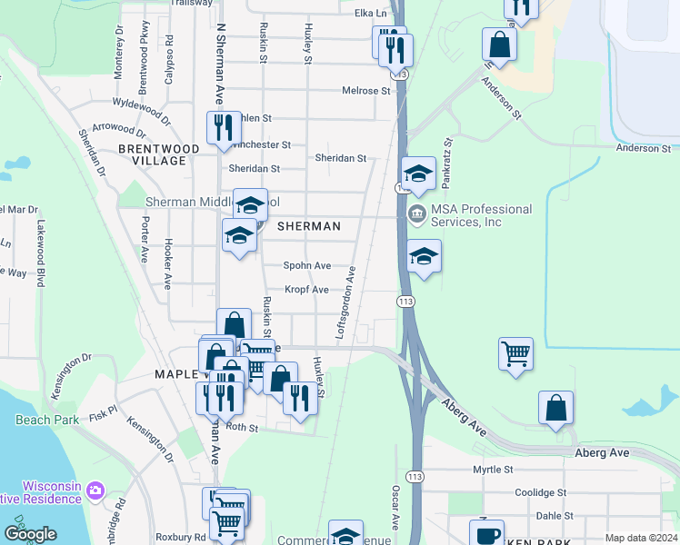 map of restaurants, bars, coffee shops, grocery stores, and more near 1941 Northwestern Avenue in Madison