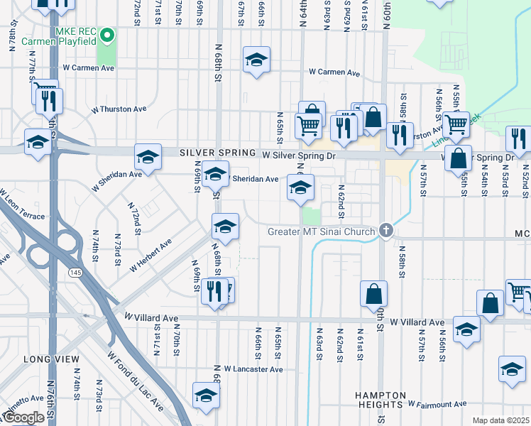 map of restaurants, bars, coffee shops, grocery stores, and more near 6500 West Birch Avenue in Milwaukee