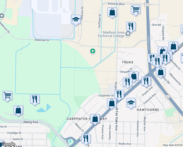 map of restaurants, bars, coffee shops, grocery stores, and more near 3101 Straubel Street in Madison