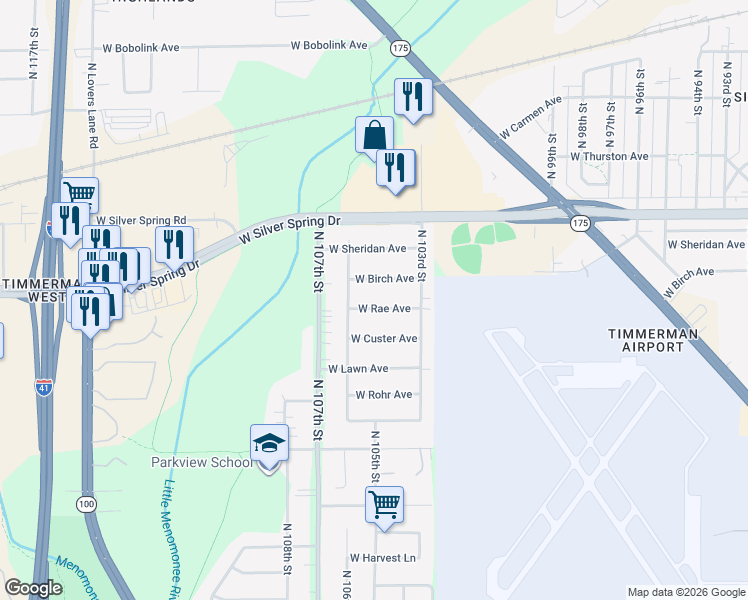 map of restaurants, bars, coffee shops, grocery stores, and more near 10524 West Birch Avenue in Milwaukee