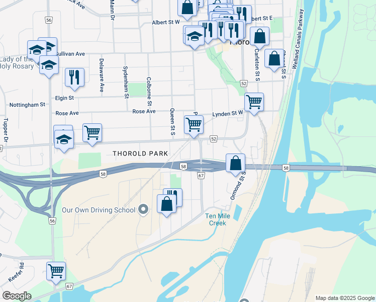 map of restaurants, bars, coffee shops, grocery stores, and more near in Thorold