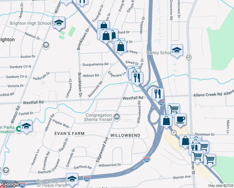 map of restaurants, bars, coffee shops, grocery stores, and more near 45 Stonybrook Drive in Rochester