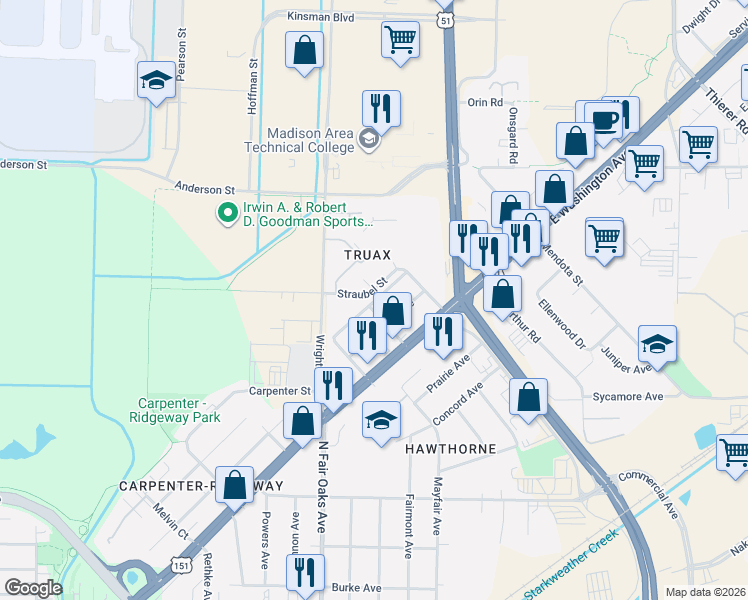 map of restaurants, bars, coffee shops, grocery stores, and more near 3526 Straubel Street in Madison