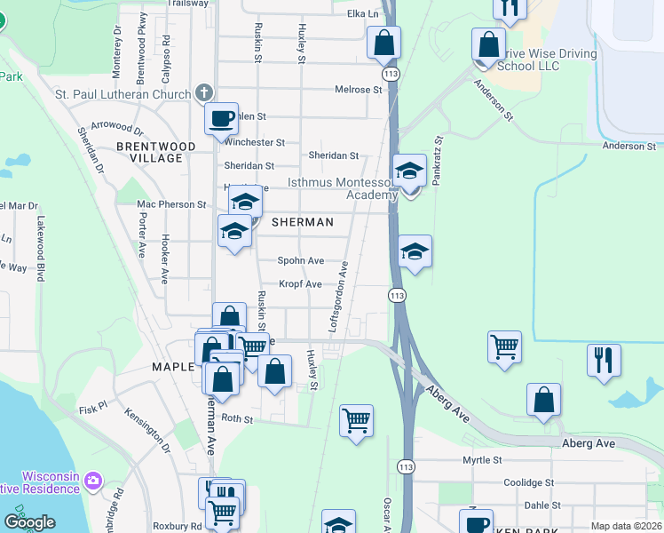 map of restaurants, bars, coffee shops, grocery stores, and more near 1941 Northwestern Avenue in Madison