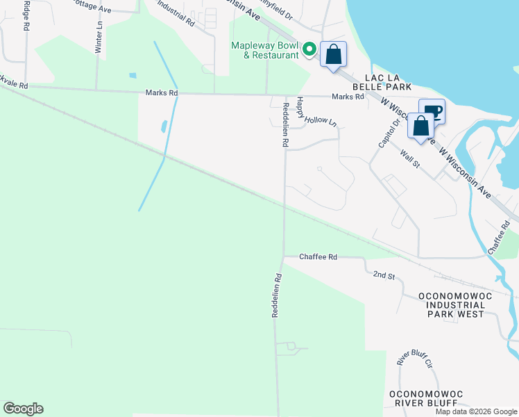 map of restaurants, bars, coffee shops, grocery stores, and more near W394N5313 Reddelien Road in Oconomowoc