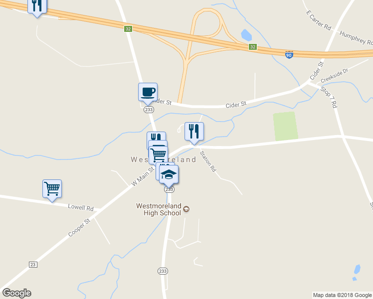 map of restaurants, bars, coffee shops, grocery stores, and more near 7330 East Main Street in Westmoreland