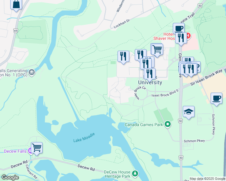 map of restaurants, bars, coffee shops, grocery stores, and more near 1812 Sir Isaac Brock Way in St. Catharines