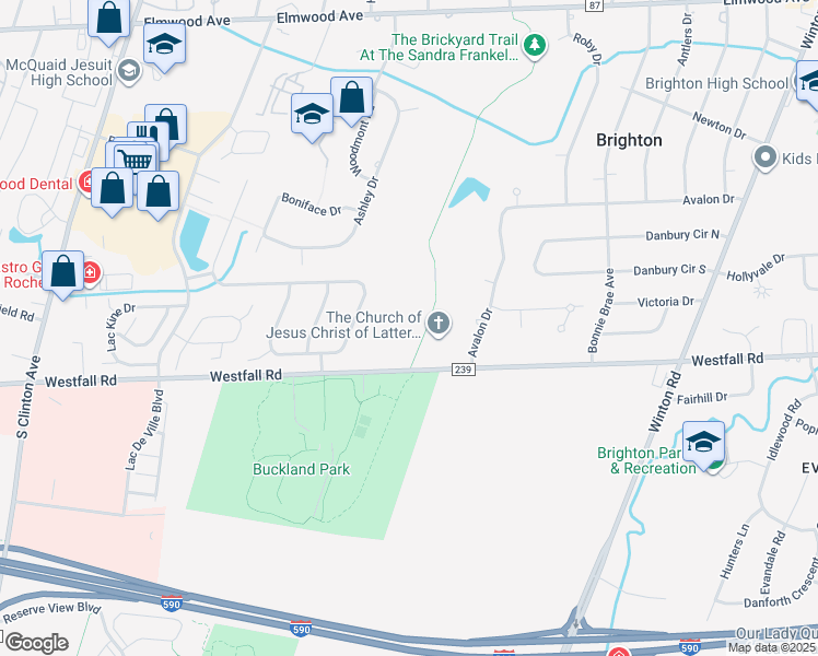 map of restaurants, bars, coffee shops, grocery stores, and more near 1350 Westfall Road in Rochester