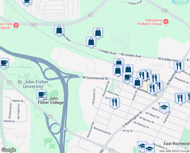 map of restaurants, bars, coffee shops, grocery stores, and more near 18 Country Club Road in East Rochester