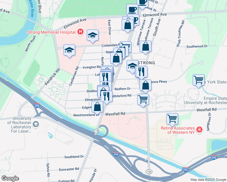 map of restaurants, bars, coffee shops, grocery stores, and more near 1660 Mount Hope Avenue in Rochester