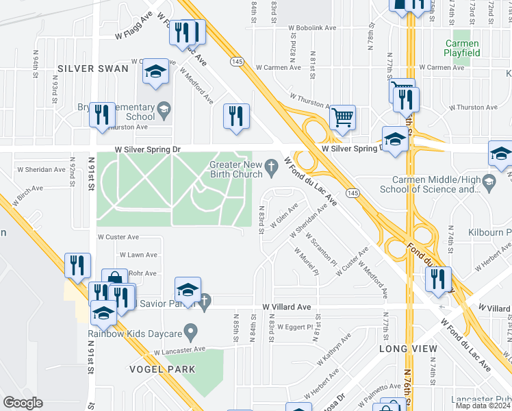 map of restaurants, bars, coffee shops, grocery stores, and more near 5473 North 83rd Street in Milwaukee