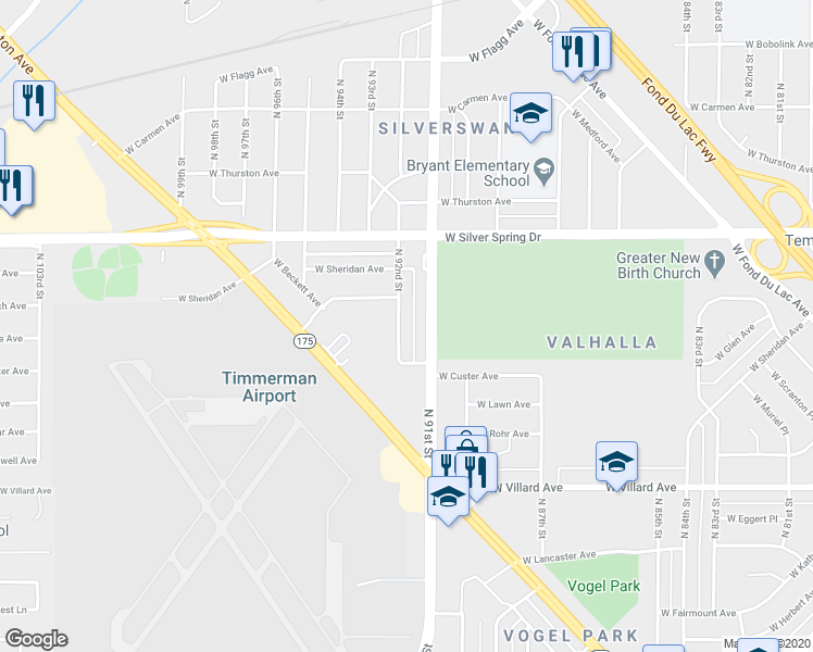 map of restaurants, bars, coffee shops, grocery stores, and more near 9205 West Birch Avenue in Milwaukee