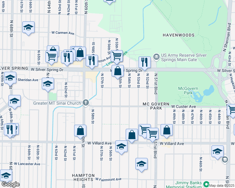 map of restaurants, bars, coffee shops, grocery stores, and more near 5480 North 55th Street in Milwaukee
