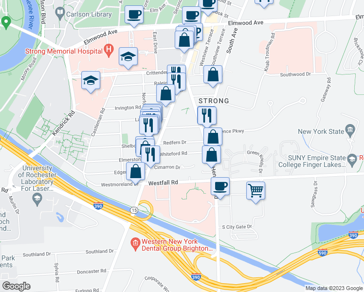 map of restaurants, bars, coffee shops, grocery stores, and more near 69 Redfern Drive in Rochester