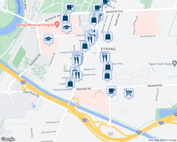 map of restaurants, bars, coffee shops, grocery stores, and more near 43 Redfern Drive in Rochester