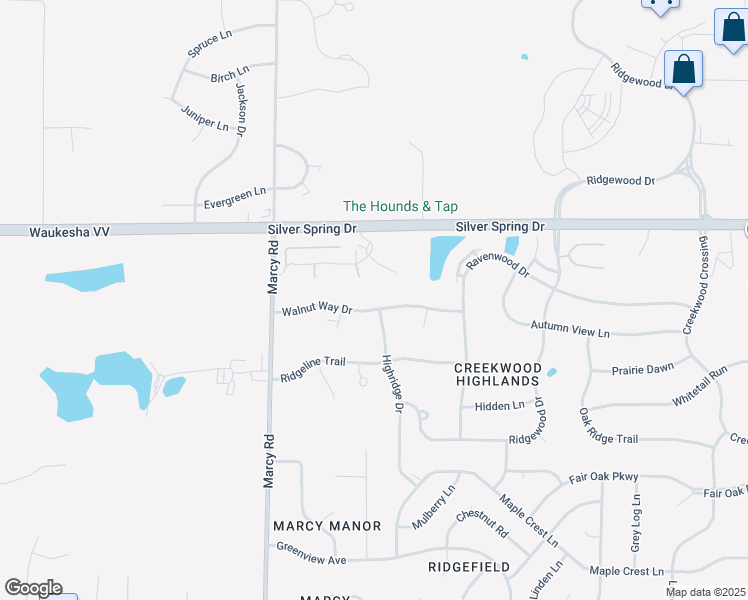 map of restaurants, bars, coffee shops, grocery stores, and more near N54W17640 Walnut Way Drive in Menomonee Falls