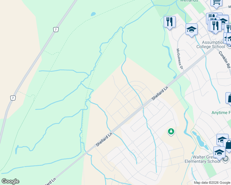 map of restaurants, bars, coffee shops, grocery stores, and more near 102 Strickland Avenue in Brantford