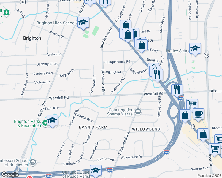 map of restaurants, bars, coffee shops, grocery stores, and more near 303 Troy Road in Rochester
