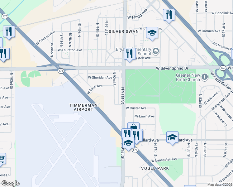 map of restaurants, bars, coffee shops, grocery stores, and more near 5450 North 92nd Street in Milwaukee