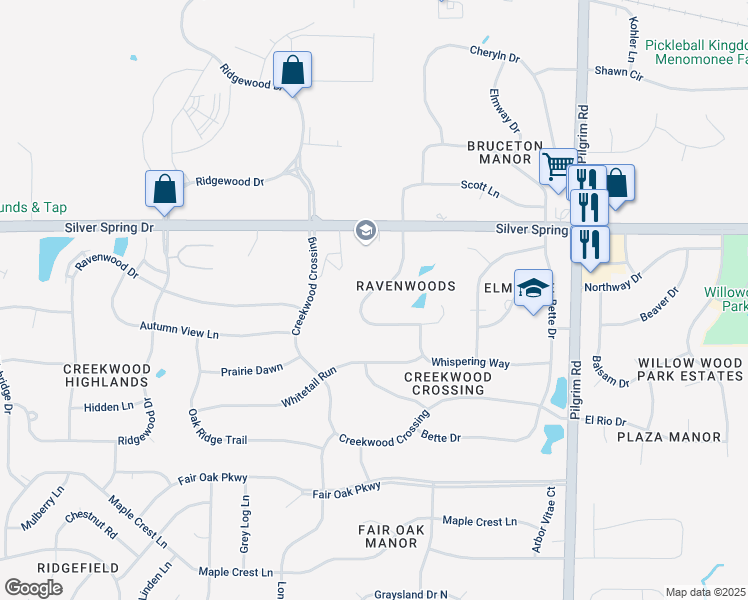 map of restaurants, bars, coffee shops, grocery stores, and more near W163N5495 Westwind Drive in Menomonee Falls