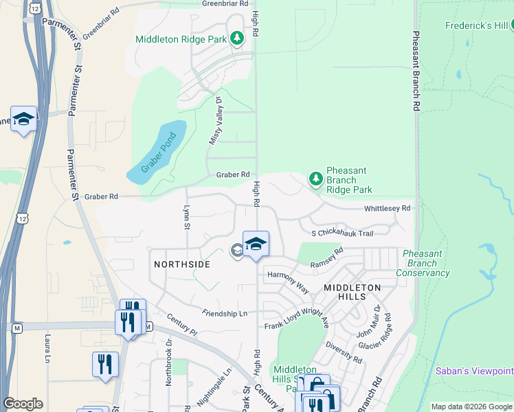 map of restaurants, bars, coffee shops, grocery stores, and more near 3802 High Road in Middleton