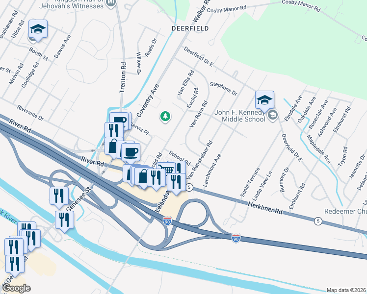 map of restaurants, bars, coffee shops, grocery stores, and more near 410 Van Roen Road in Utica