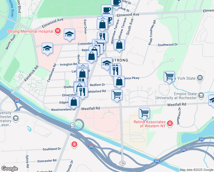map of restaurants, bars, coffee shops, grocery stores, and more near 103 Redfern Drive in Rochester