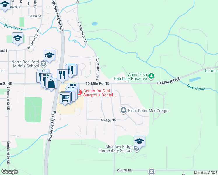 map of restaurants, bars, coffee shops, grocery stores, and more near 8393 Courtland Drive Northeast in Rockford