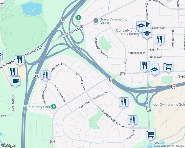 map of restaurants, bars, coffee shops, grocery stores, and more near 164 Juneberry Road in Thorold