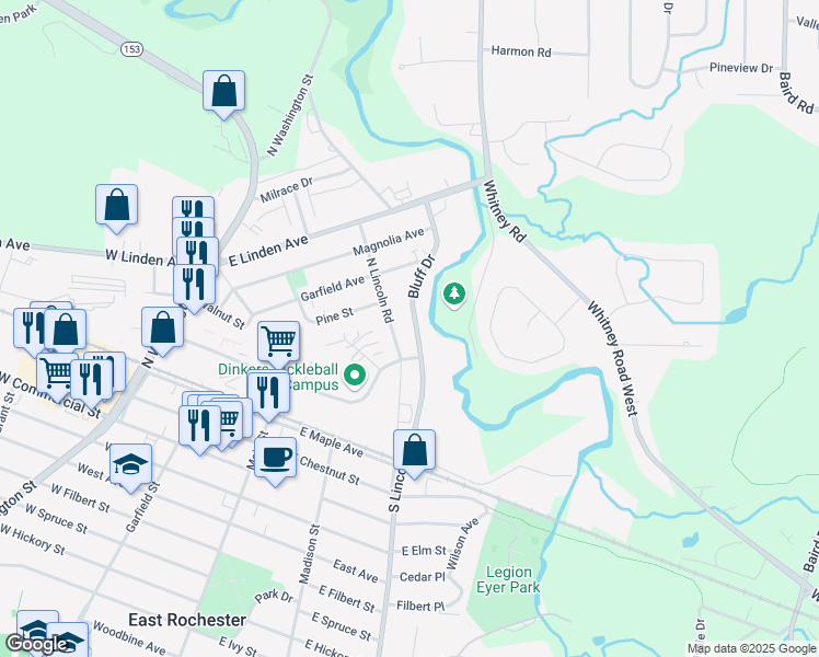 map of restaurants, bars, coffee shops, grocery stores, and more near 118 North Lincoln Road in East Rochester