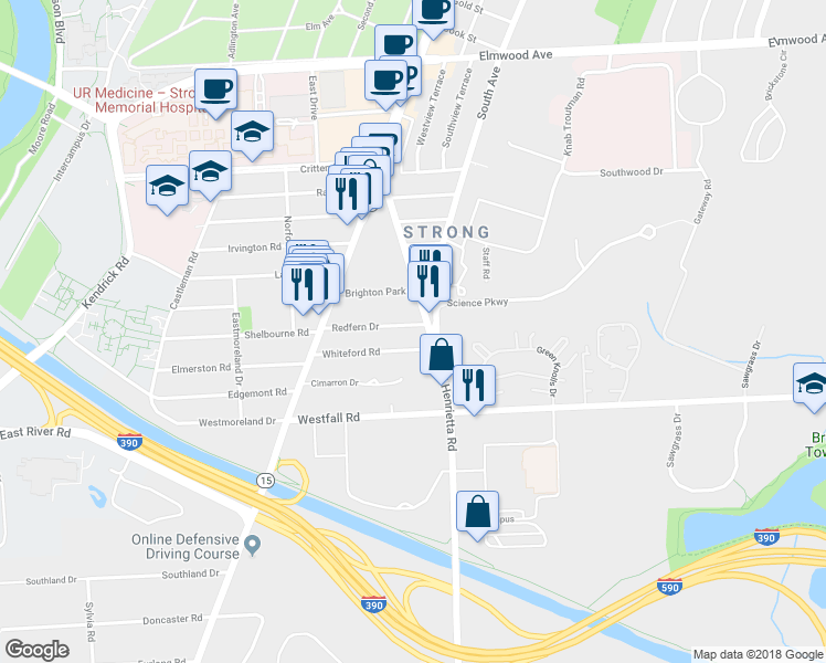 map of restaurants, bars, coffee shops, grocery stores, and more near 203 East Henrietta Road in Rochester