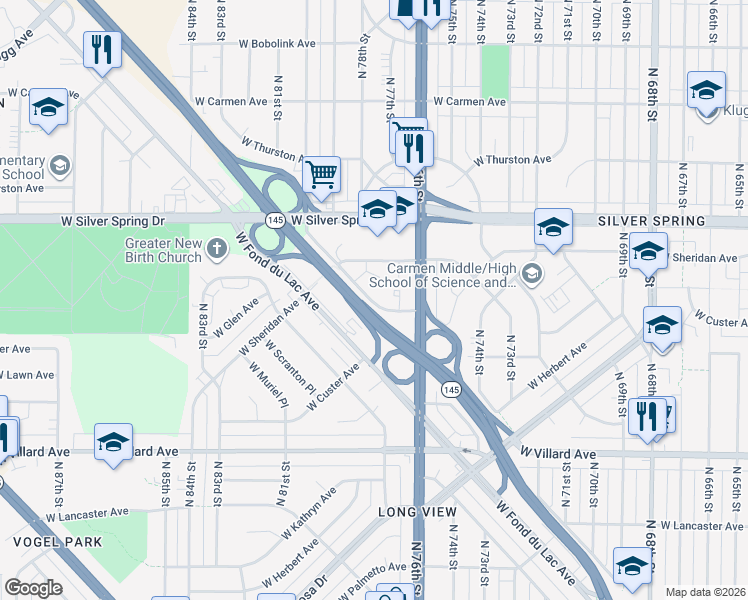 map of restaurants, bars, coffee shops, grocery stores, and more near 7800 West Leon Terrace in Milwaukee