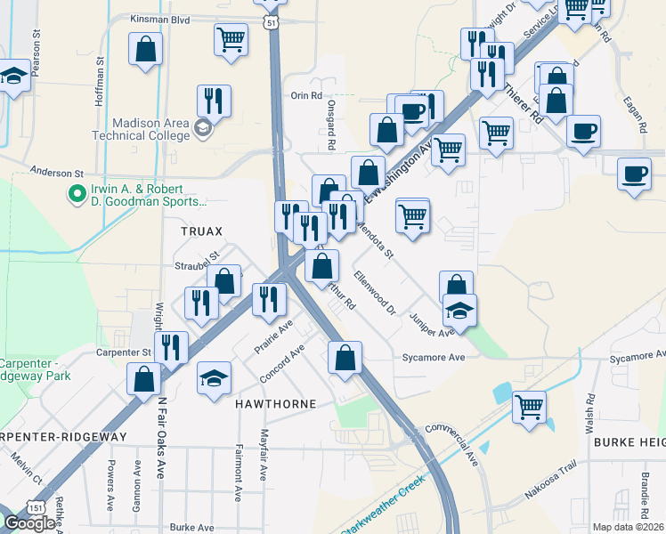 map of restaurants, bars, coffee shops, grocery stores, and more near 3737 East Washington Avenue in Madison