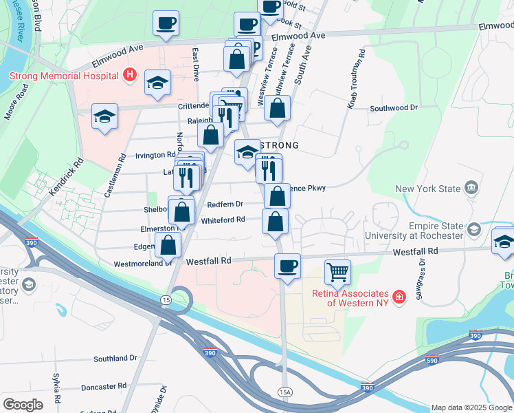 map of restaurants, bars, coffee shops, grocery stores, and more near 125 Redfern Drive in Rochester