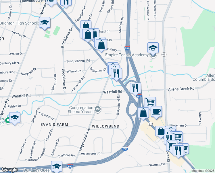 map of restaurants, bars, coffee shops, grocery stores, and more near 66 Edgewood Avenue in Rochester