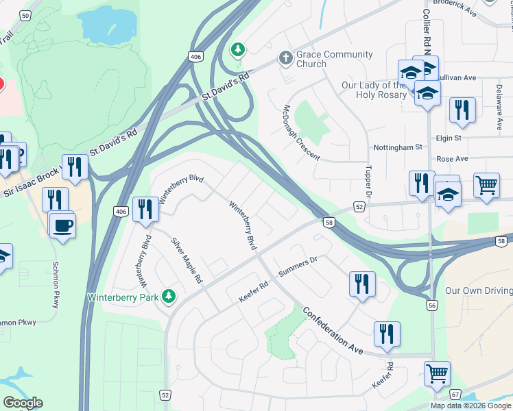 map of restaurants, bars, coffee shops, grocery stores, and more near 15 Hawthorn Avenue in Thorold