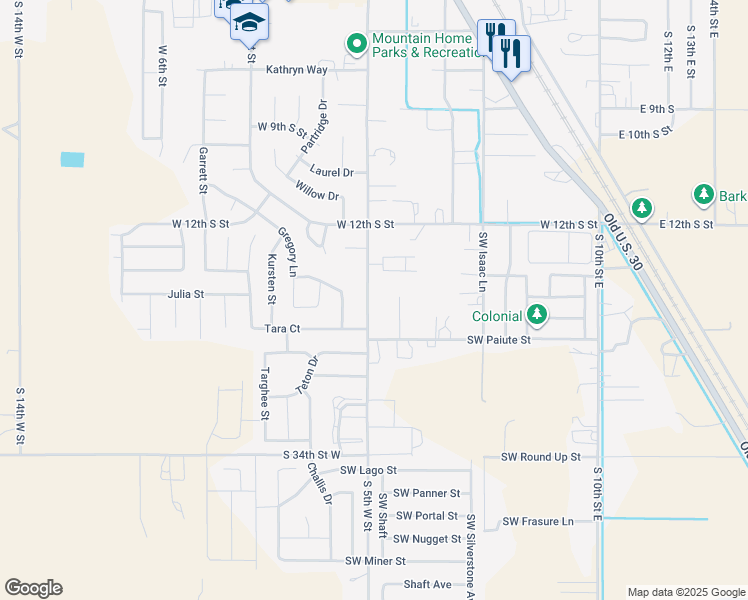 map of restaurants, bars, coffee shops, grocery stores, and more near 1340 South 5th West Street in Mountain Home