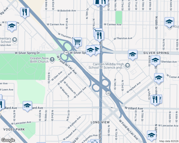 map of restaurants, bars, coffee shops, grocery stores, and more near 7800 West Leon Terrace in Milwaukee