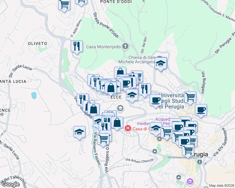 map of restaurants, bars, coffee shops, grocery stores, and more near 22-32 Via Degli Olivi in Perugia
