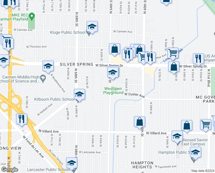 map of restaurants, bars, coffee shops, grocery stores, and more near 6431 West Birch Avenue in Milwaukee
